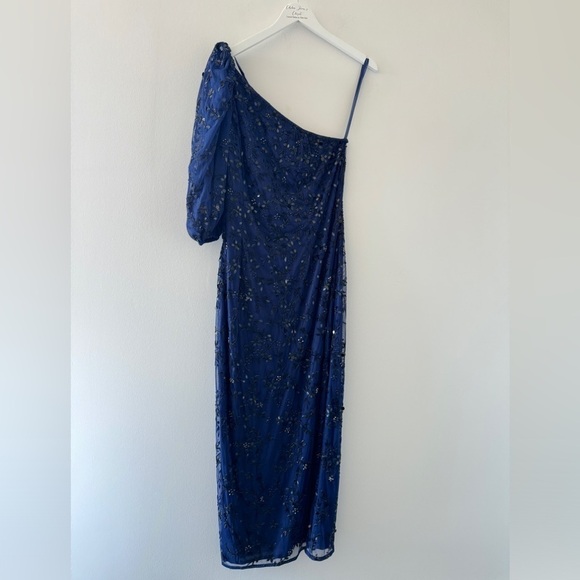 MAC DUGGAL Embellished Puff Sleeve One Shoulder Gown in Midnight Blue 14 - Picture 3 of 7